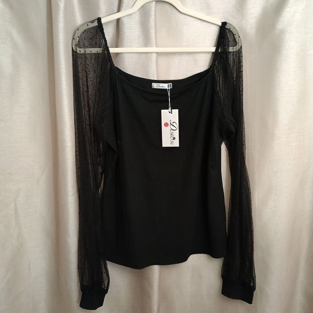 DoRose Sheer Sleeve Black Womens XL Square Neck